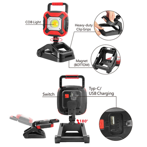 15W 1500LM Clip-On COB Rechargeable Work Light